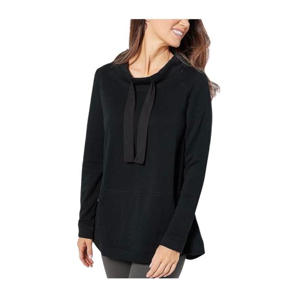 LOGO Lori Goldstein Black French Terry Pullover Neck Tie Kangaroo Pocket Large - Picture 1 of 7